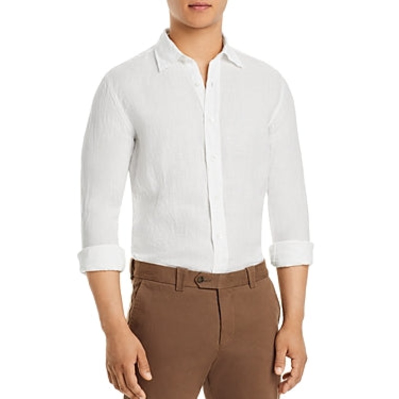 Canali Men's Button Down Shirt White Size XL Chambray Linen