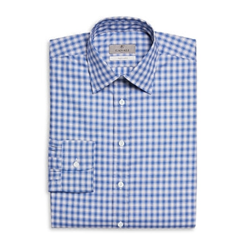 Canali Mens Modern Fit Sport Dress Shirt Large Blue Plaid