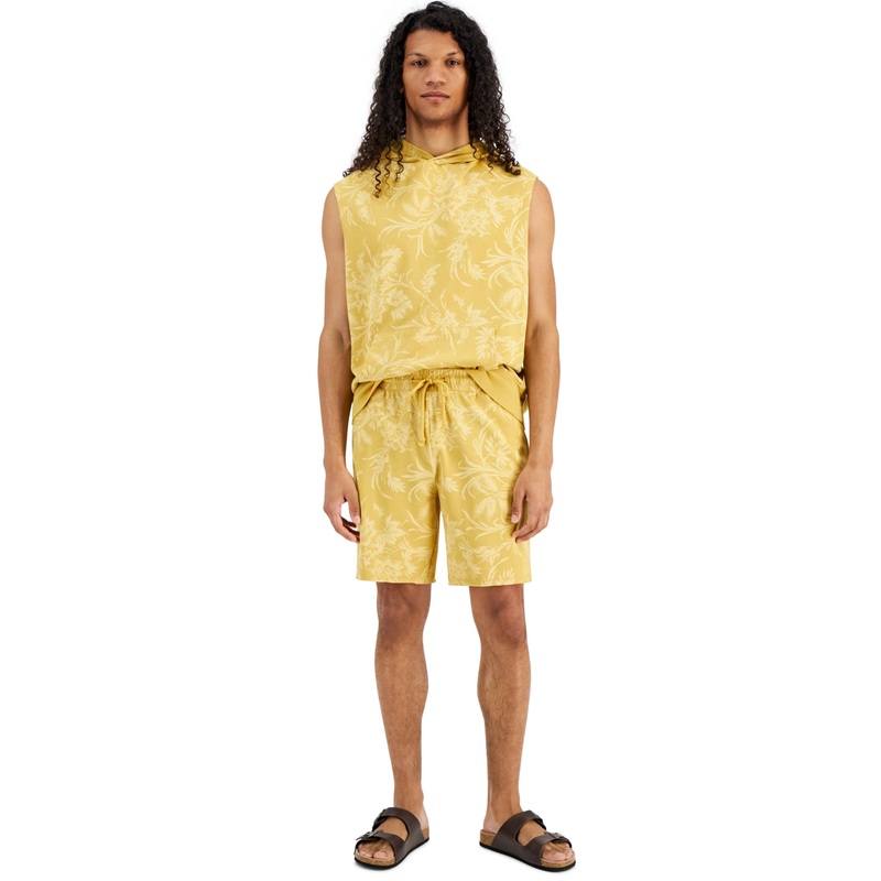 Sun + Stone Men's Lutz Tropical Floral Print 8" Drawstring Yellow Shorts Small