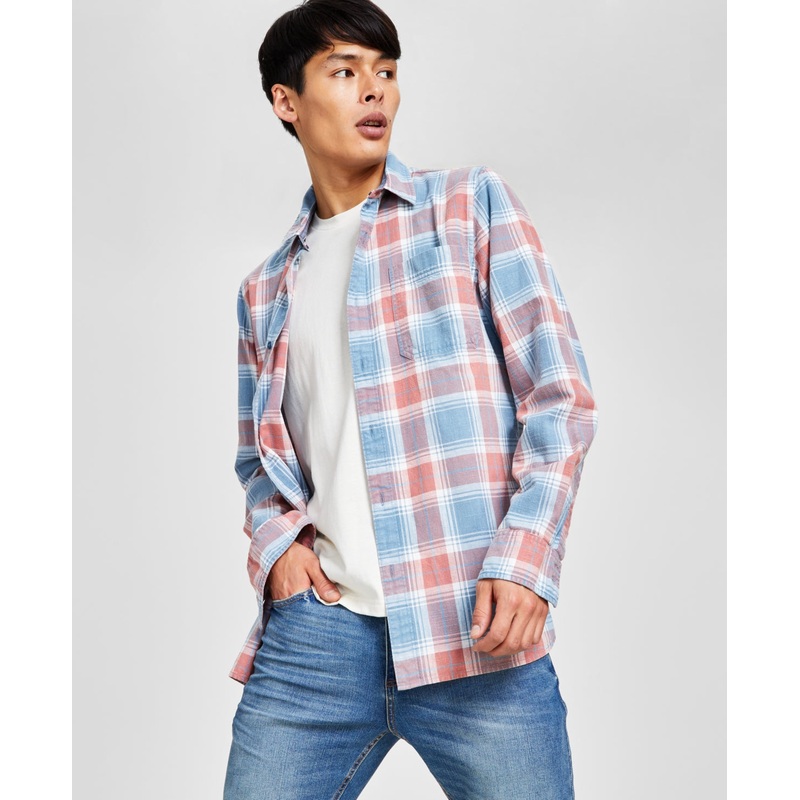 Sun + Stone Mens Brock Classic Fit Button Down Shirt Red Blue Plaid  Large