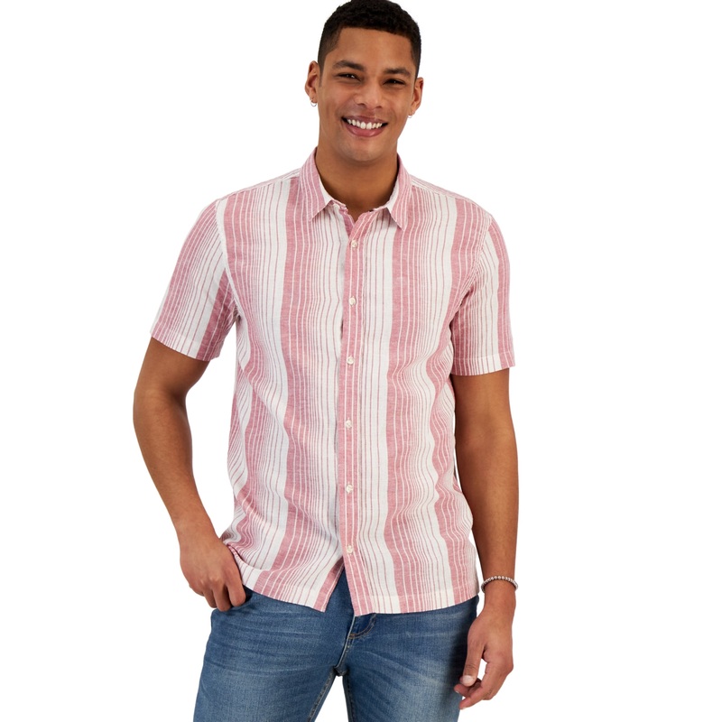 Sun + Stone Mens Garret Stripe Short Sleeve Button Down Shirt Coral Pink Large