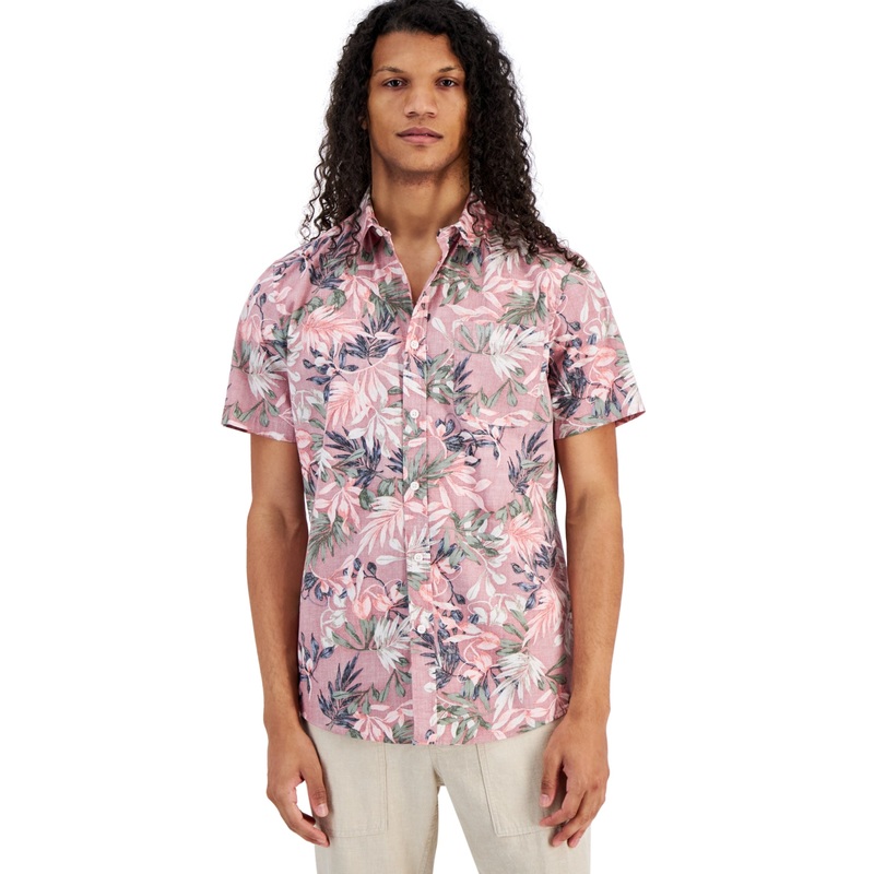Sun + Stone Mens Hans Regular-Fit Tropical Floral Print Button Down Shirt Pink Medium