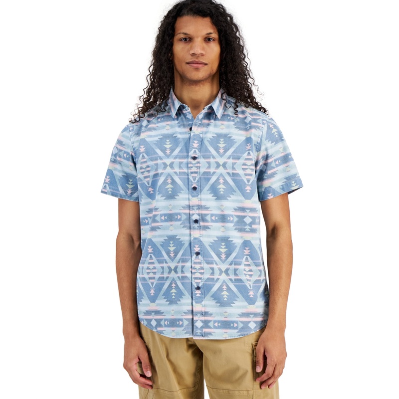 Sun + Stone Mens Kline Regular-Fit Button Down Geo-Print Shirt Blue 2XL