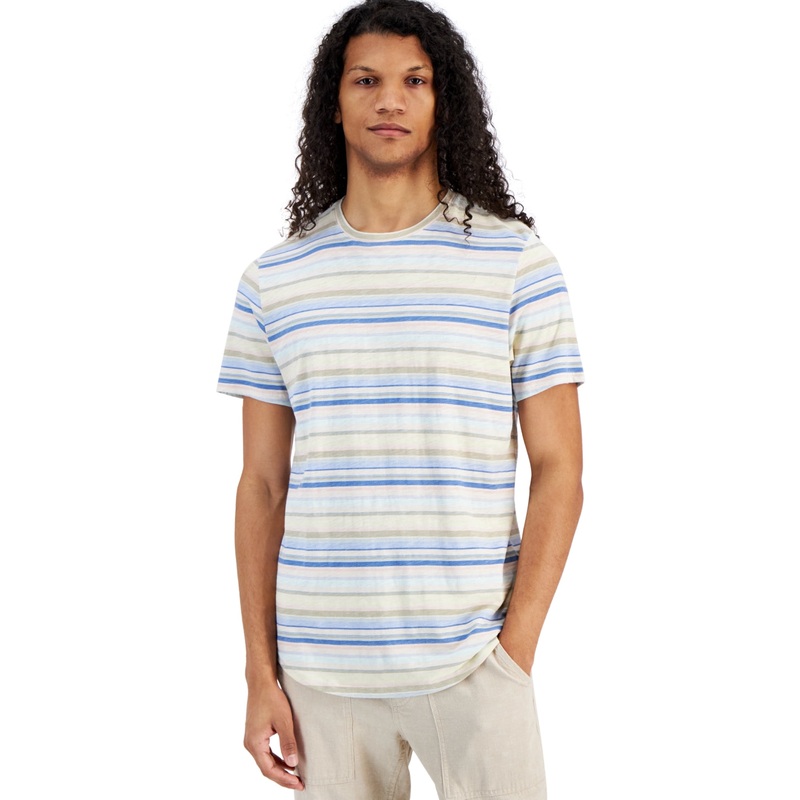 Sun + Stone Mens SoCal Regular-Fit Stripe Short Sleeve T Shirt White Small