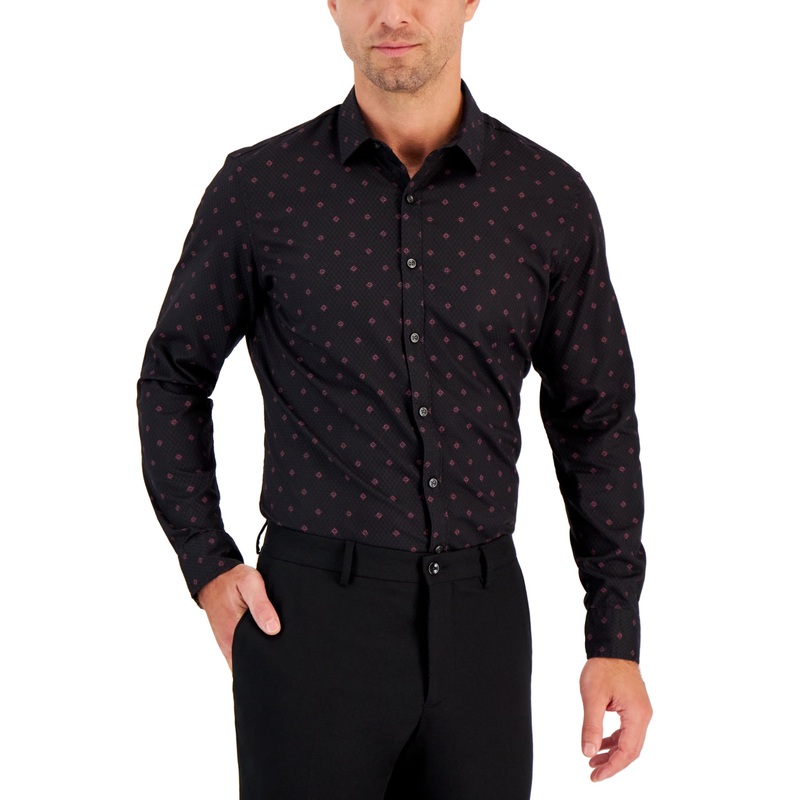 Alfani Mens Button Down Dress Shirt Crown Medallion Black Combo  Medium