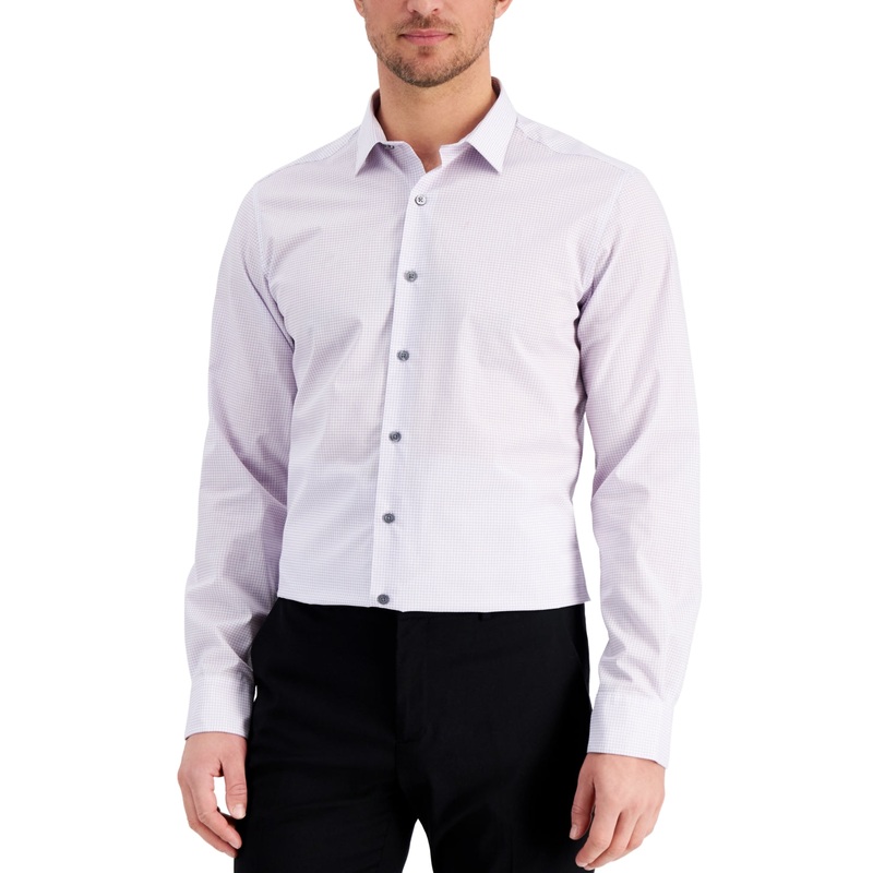 Alfani Mens Slim Fit Houndstooth Button Down Dress Shirt Purple Lavender XL