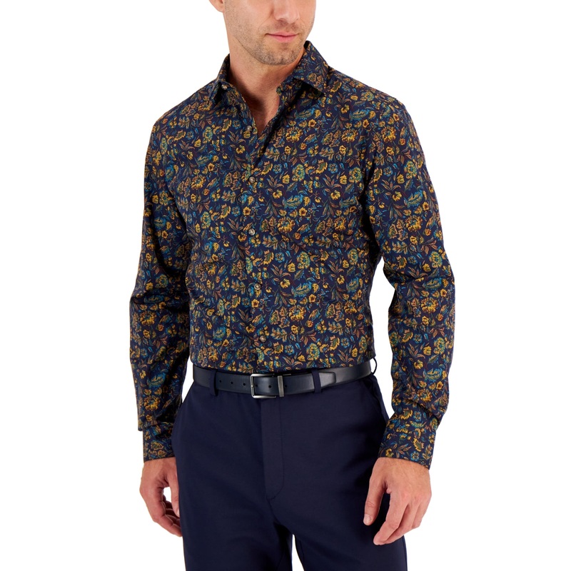 Bar III Men's Slim Fit Performance Button Down Shirt Navy Blue Comno Small