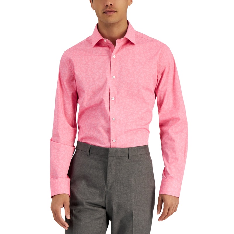 Bar III Mens Slim Fit Floral Stretch Button Down Shirt Bright Pink Large