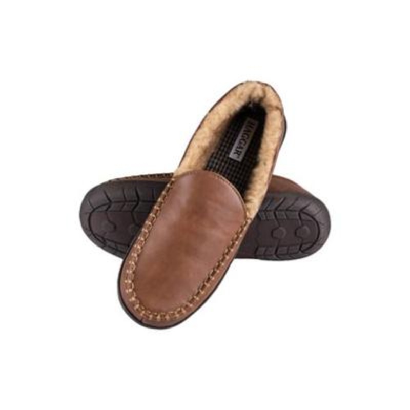 Haggar Men's Faux Leather Brown Loafer Slippers Large