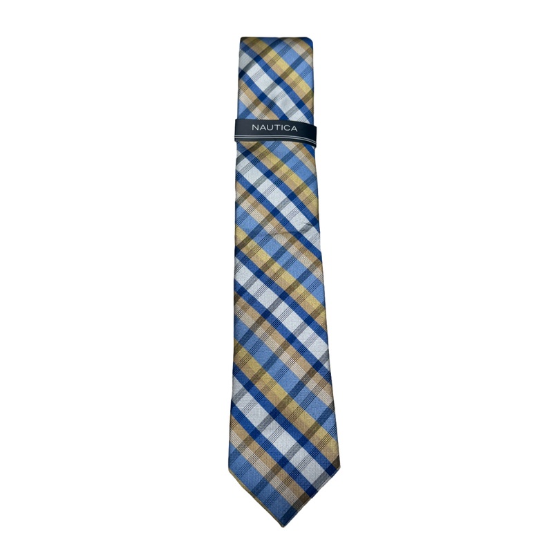 Nautica Mens Blue Gold Plaid Necktie Tie