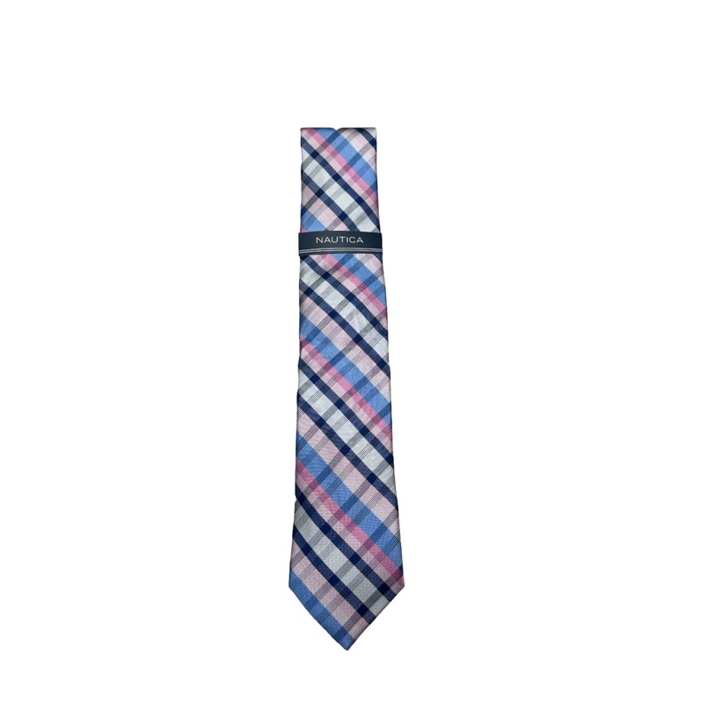 Nautica Mens Pink Blue Plaid Necktie Tie