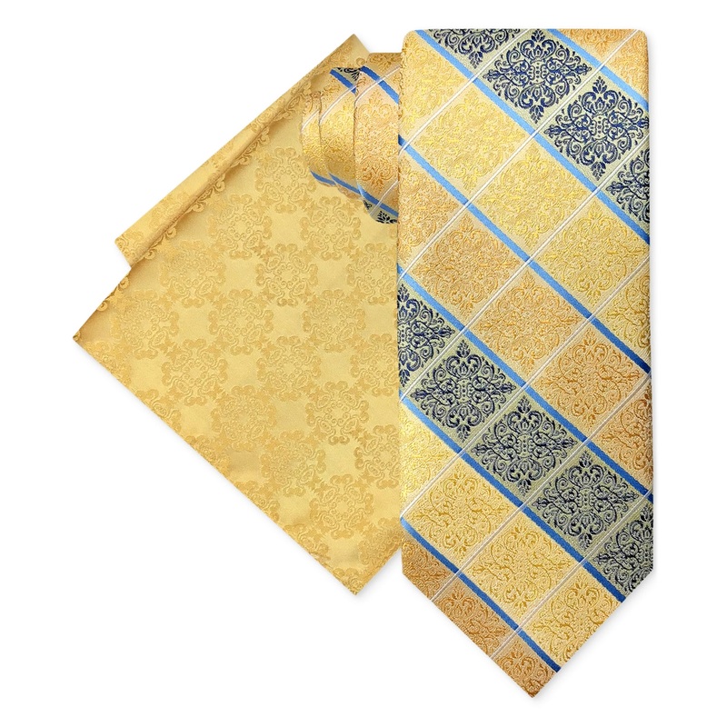 Steve Harvey Men's Classic Ornate Scroll Bow Tie and Pocket Square Yellow