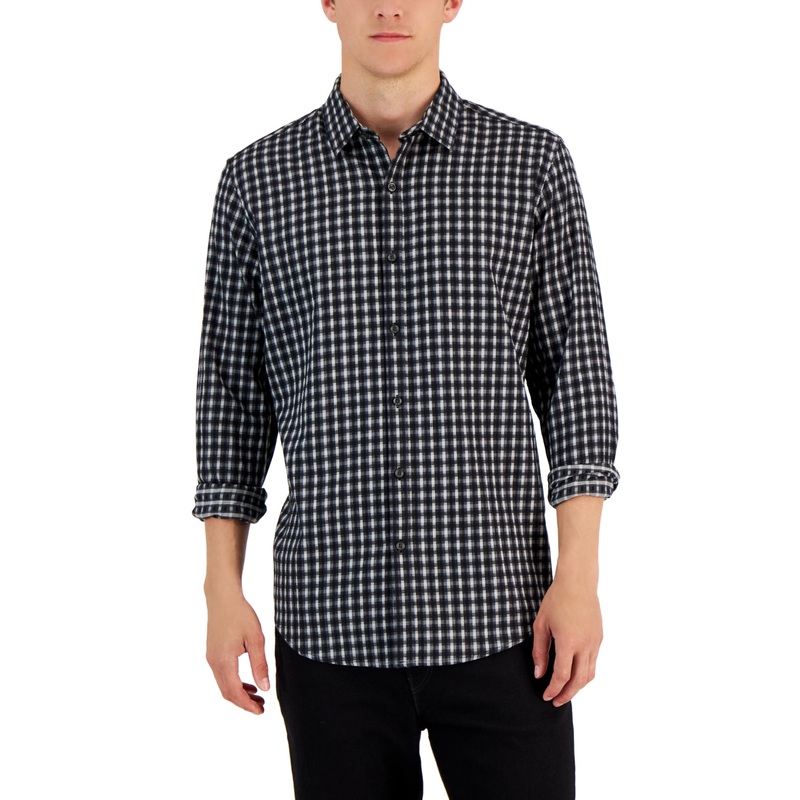 Alfani Men's Check Print Button Down Shirt Black Combo Small