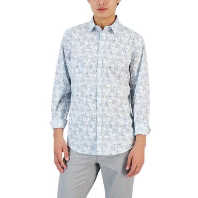 Alfani Men's Entour Leaf-Print Button Down Shirt White Medium