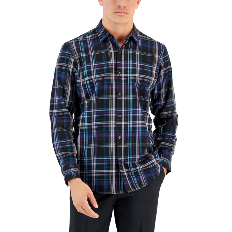 Alfani Mens Feliz Button Down Plaid Shirt Black Combo XL