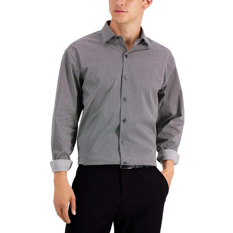 Alfani Mens Grid Dot Performance Button Down Shirt Black White 17-17.5 / 34-35