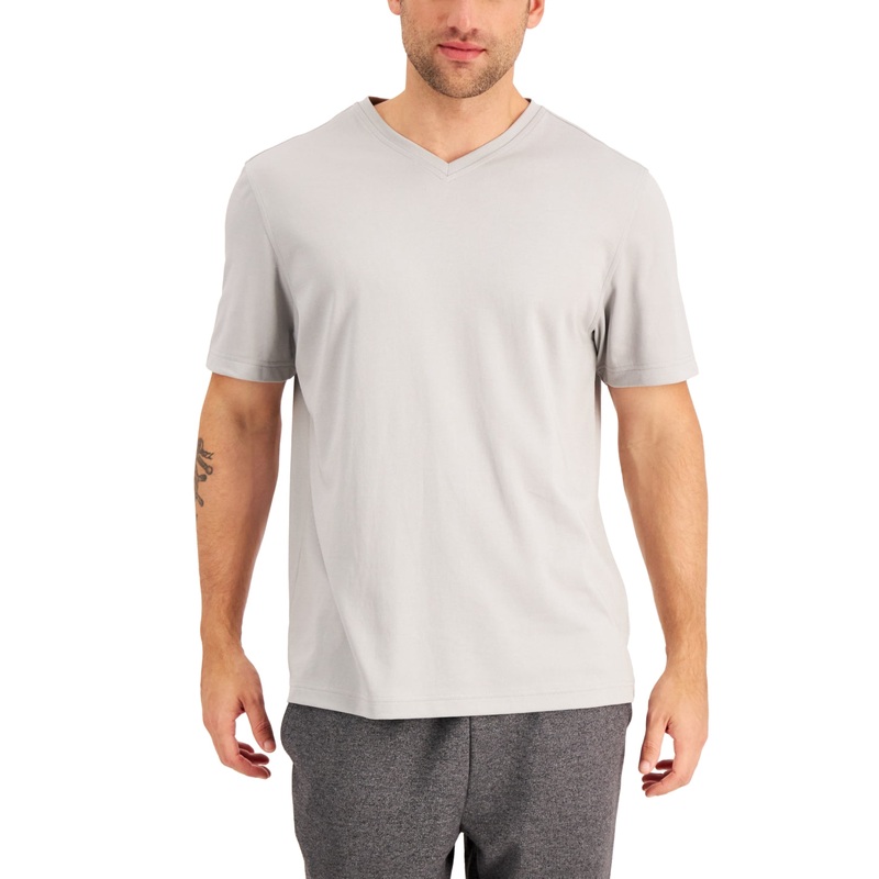 ALFANI Mens Relaxed Fit Supima Blend V Neck T-Shirt Heather Grey Large