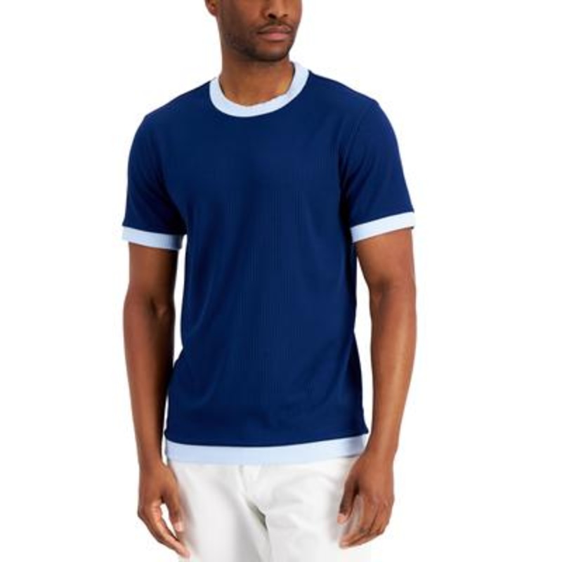 Alfani Mens Ribbed Contrast Short Sleeve T Shirt Blazing Navy 2XL