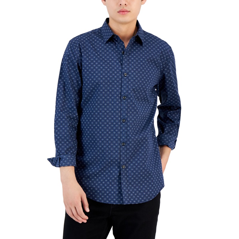 Alfani Mens Utopia Medallion Print Button Down Shirt Neo Navy Blue XL