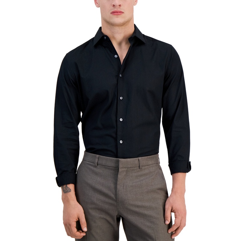 Bar III Men's Leopard Print Slim Fit Button Down Dress Shirt Black Large