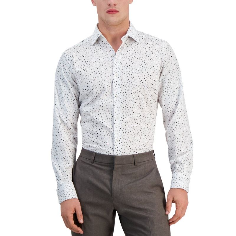 Bar III Men's Slim Fit Star Print White Button Down Dress Shirt Small