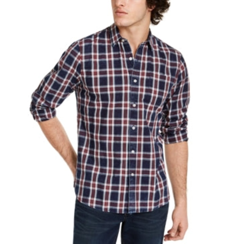 Sun + Stone Men's Dio Plaid Button Down Shirt Navy Large