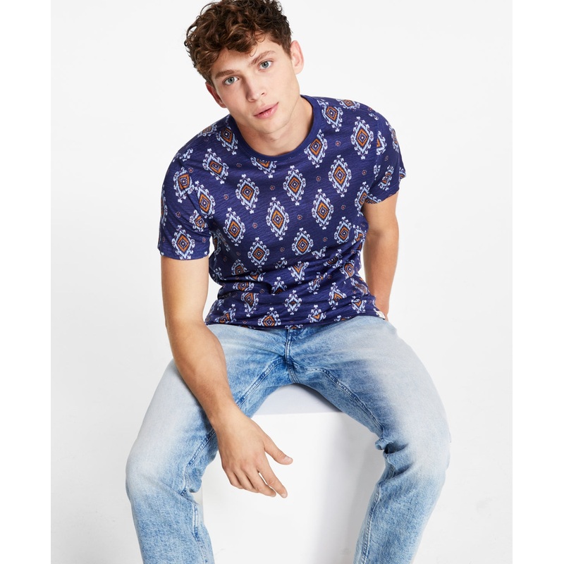 Sun Stone Mens Jones Diamond Short Sleeve Crewneck T Shirt Pompador Blue Small