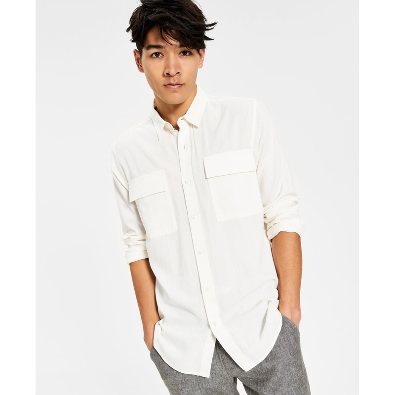 Sun + Stone Mens Long Sleeve Button Down Shirt Sandro Vintage White Dobby Medium