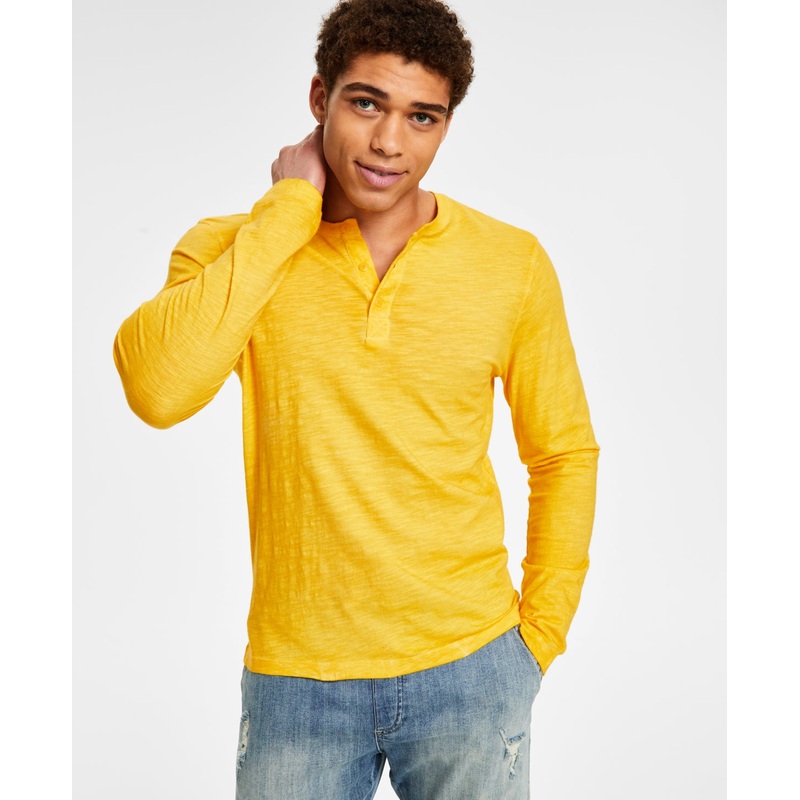 Sun + Stone Mens Long Sleeve Henley Shirt Bright Star 2XL