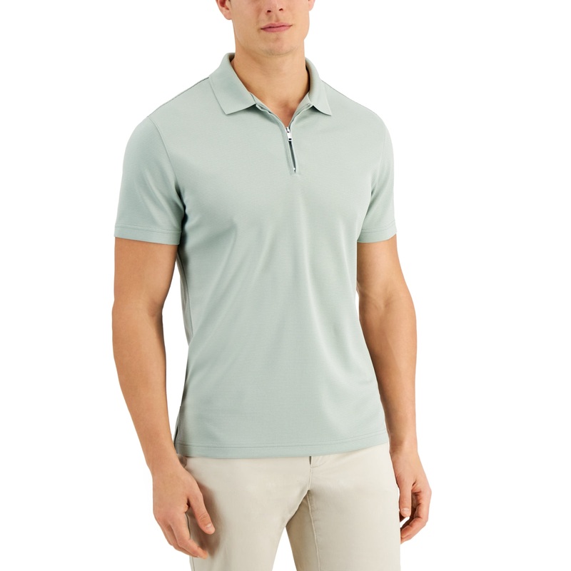 Alfani Men's Ottoman Zip Short Sleeve Polo Shirt  Gray Sage Large