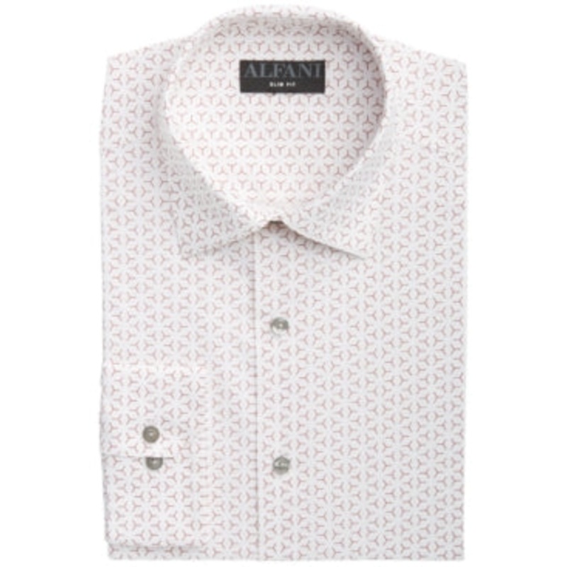 Alfani Mens Slim-Fit Geo-Print Button Down Dress Shirt White Red 17 34 35