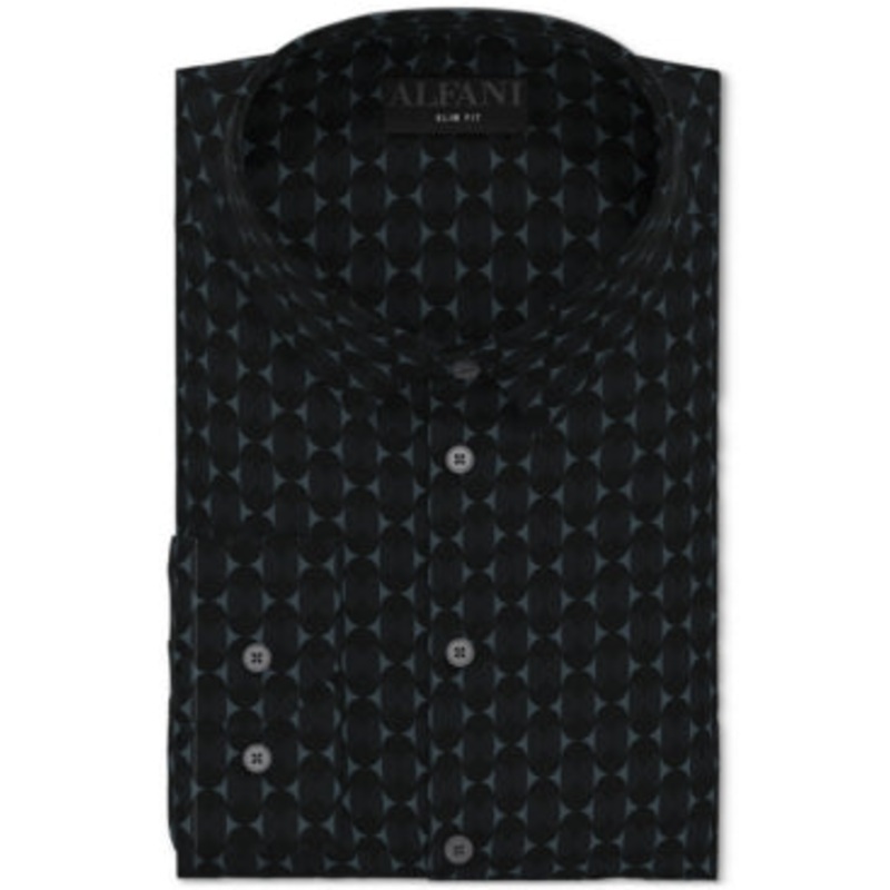 Alfani Mens Slim Fit Performance Button Down Shirt Black Grey 14-14.5 / 32-33