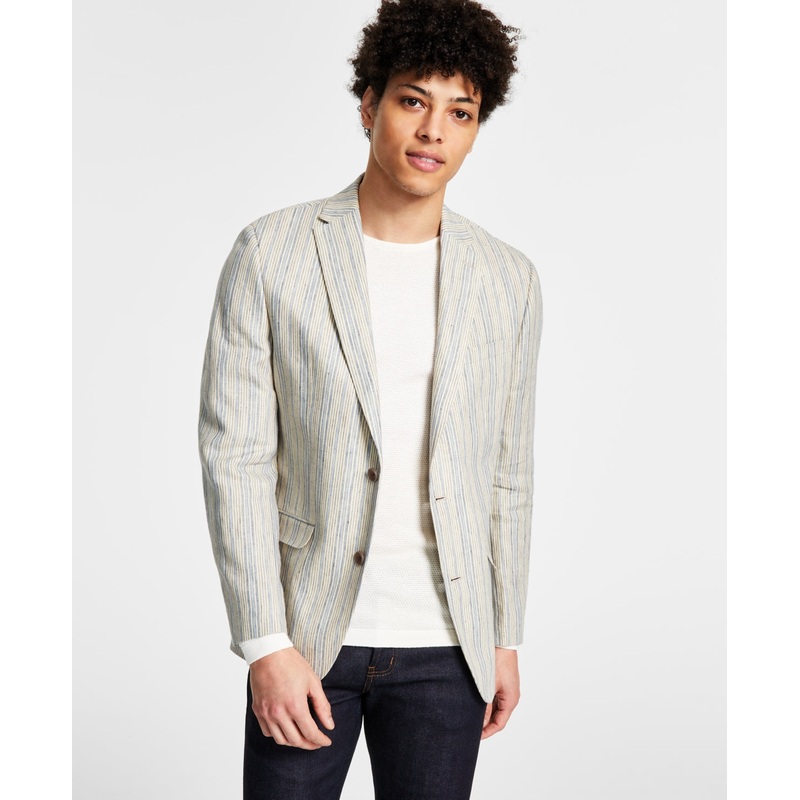 Bar III Mens Slim Fit Striped Suit Jacket Blue Cream 38S