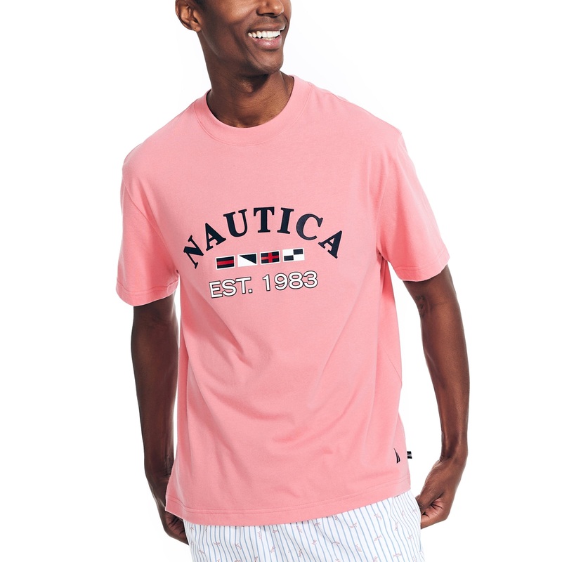 Nautica Mens Relaxed-Fit Logo Graphic Short Sleeve Sleep T Shirt Pink Small