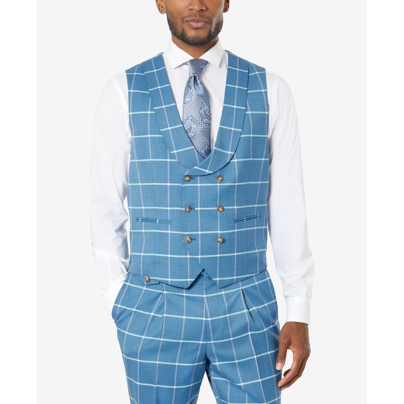 Tayion Men's Classic-Fit Wool Blend Vest Blue Cream Windowpane Small