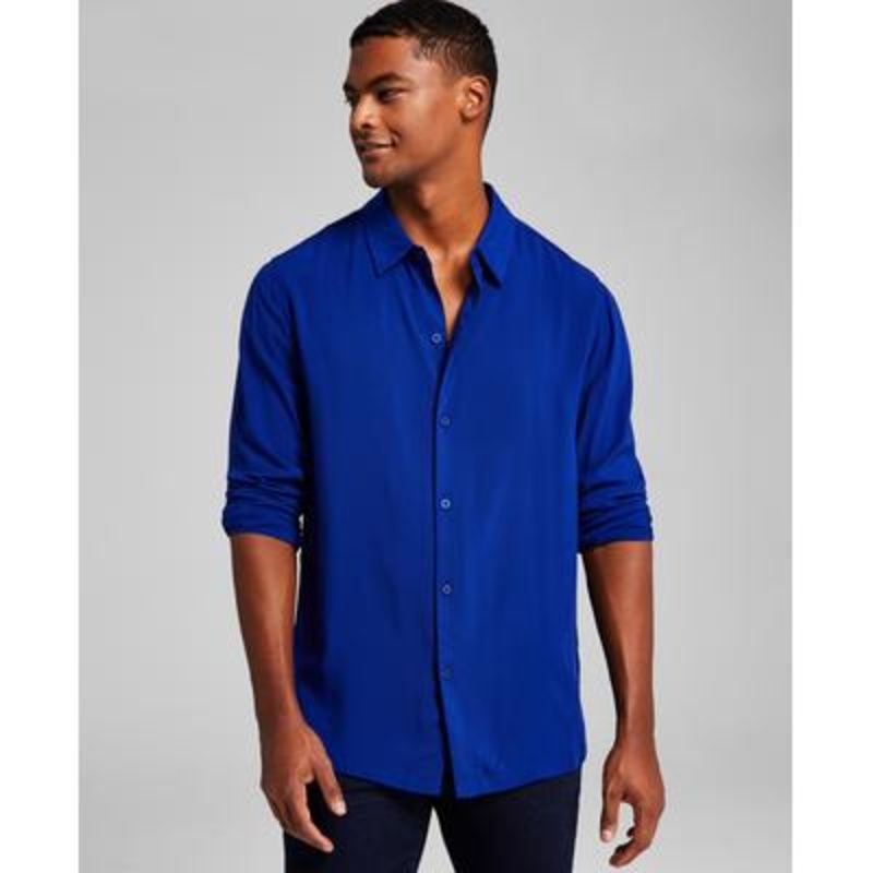 And Now This Men's Long Sleeve Button Down Resort Shirt Navy Blue Medium