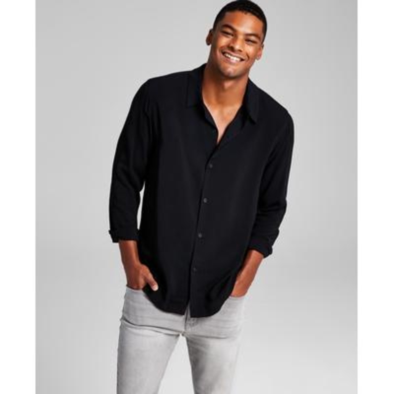 And Now This Mens Solid Long-Sleeve Button Down Shirt Resort Black XL