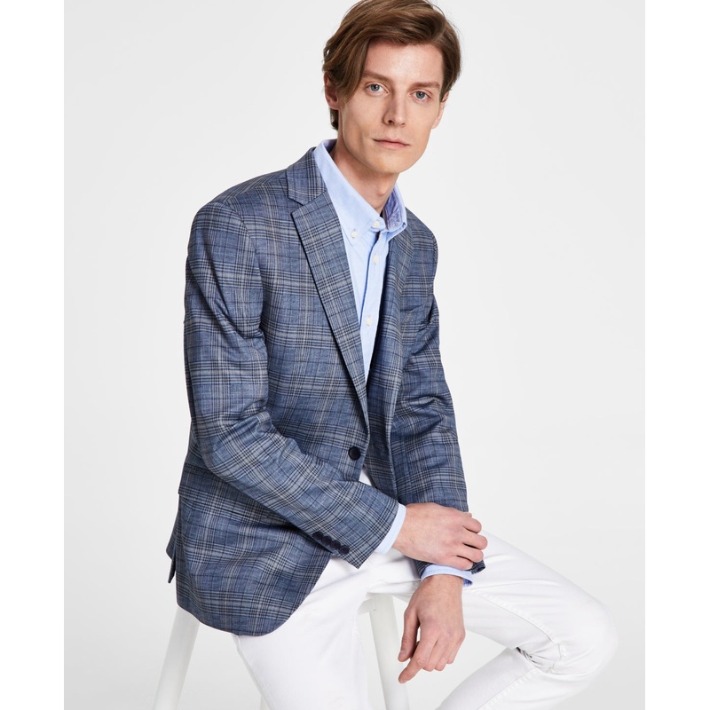 Bar III Mens Slim Fit Blue Plaid Sport Coat Blue Tan 40L
