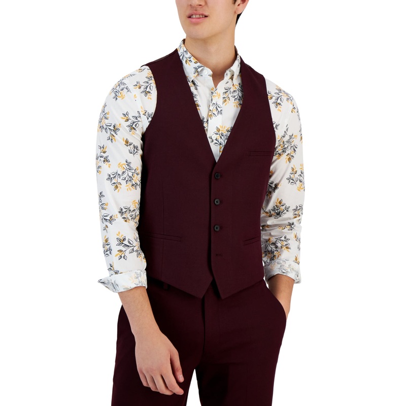 Bar III Mens Slim Fit Burgundy Solid Suit Vest Medium