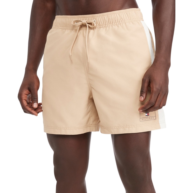 Tommy Hilfiger Men's Swimwear Side Stripe Drawstring Swim Trunks Beige Gold XL