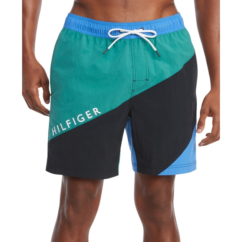 Tommy Hilfiger Mens Colorblocked Drawstring Swim Trunks Small Blue Green