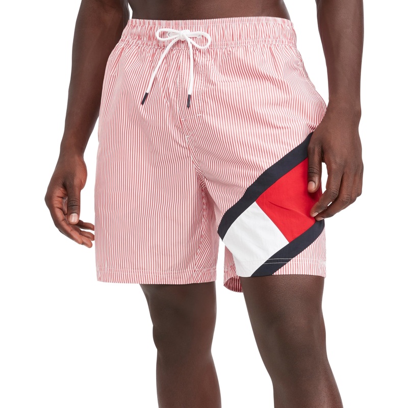 Tommy Hilfiger Mens Swimwear Striped Drawstring Swim Trunks Primary Red Large
