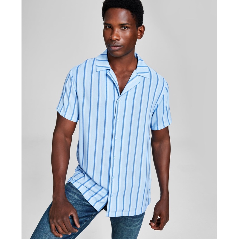 And Now This Men's Button Down Striped Woven Short Sleeve Sand Blue Medium
