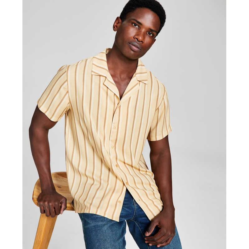 And Now This Men's Button Down Striped Woven Short Sleeve Sand Brown Large