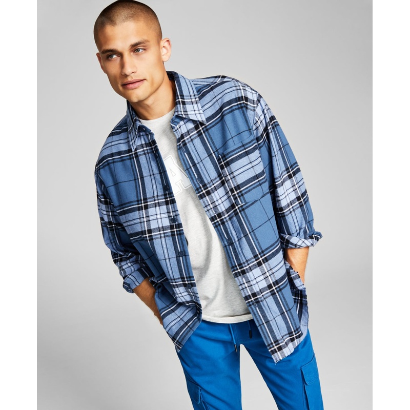 And Now This Men's Regular Fit Blue Plaid Flannel Button Up Shirt Medium