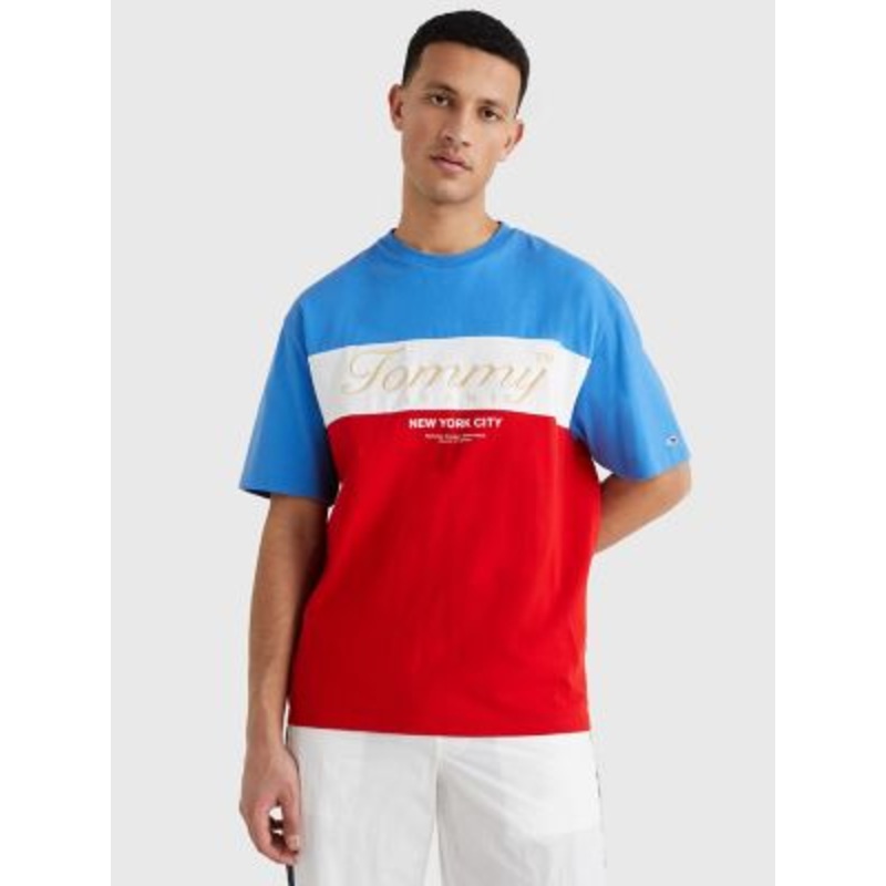 Tommy Hilfiger Tommy Jeans Men's Striped Short Sleeve T Shirt Red Blue Medium