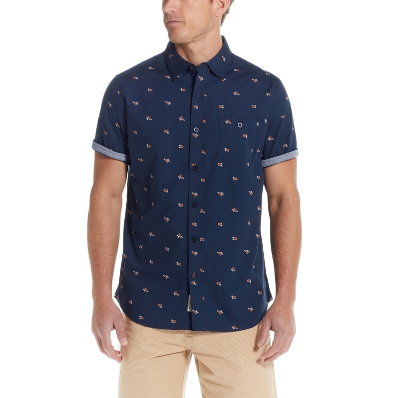Weatherproof Vintage Men's Peached Poplin Short Sleeve Button Down Shirt Navy Blue Medium