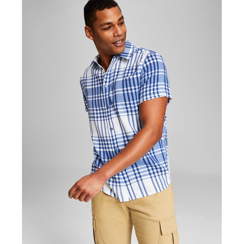 AND NOW THIS Men's Plaid Woven Short-Sleeve Button-Up Shirt Blue Medium