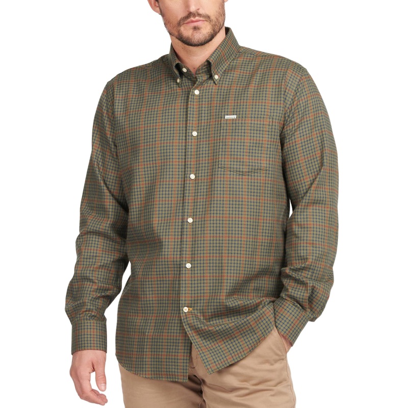 Barbour Mens Henderson Thermo Button Down Shirt Check Olive Green Large