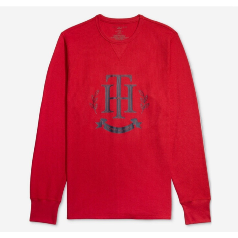 Tommy Hilfiger Men's Thermal Waffle Long Sleeve Pajama T Shirt Dark Red Medium